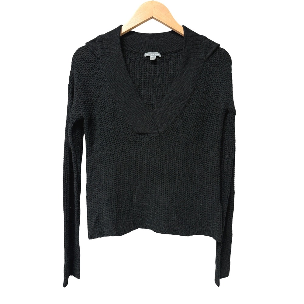 James Perse Hooded Sweater Women 1/ S Black Cotton Linen Minimalist Quiet Luxury